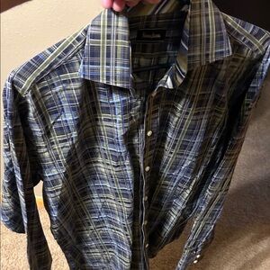 Neiman Marcus Men's Green and Blue Plaid Shirt